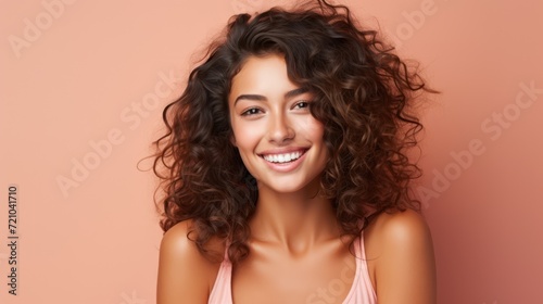 Beautiful young woman with long curly hair. Portrait of smiling girl. Generative AI