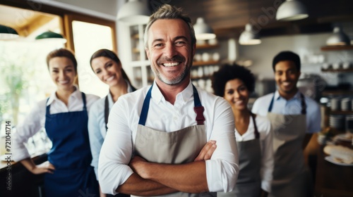 Portrait of smiling male waiter standing with arms crossed in coffee shop Generative AI