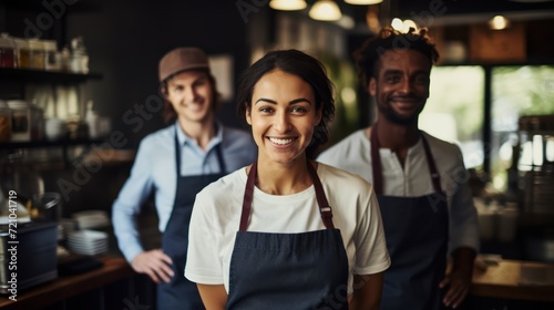 Portrait of a smiling waitress standing in a coffee shop with her staff in the background Generative AI