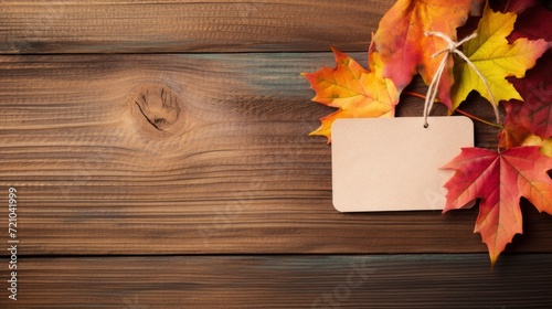 Autumn leaves and blank tag on wooden background with copy space. Generative AI