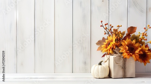 Autumn composition with pumpkins and flowers on white wooden background. Generative AI