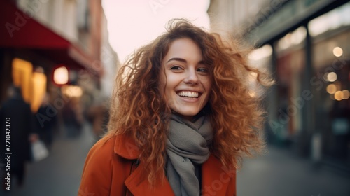 Portrait of a beautiful young redhead woman with curly hair in an orange coat on a city street Generative AI © Alex
