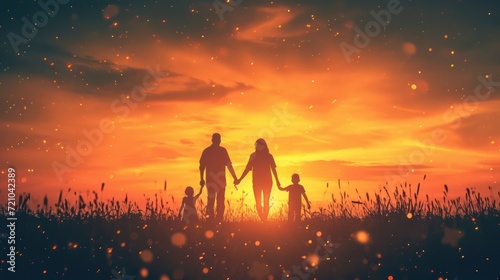 family, mother, father and children, strolling in the sunset