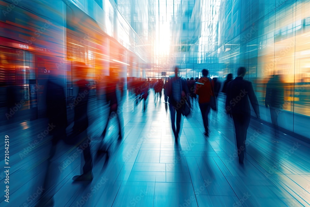 Business people in blurred motion background, office crowd walk in city building hall.