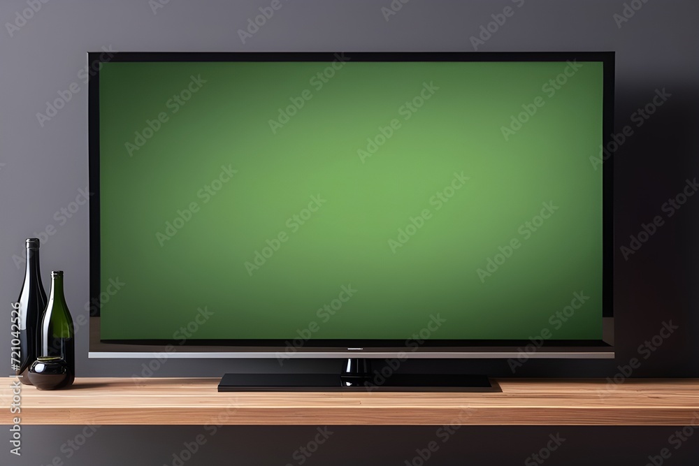 Blank black smart TV screen on a wooden table Blank black smart TV screen on a wooden table
