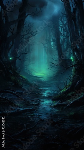 Dark Cinematic Haunted Forest Background Generative AI © Alex