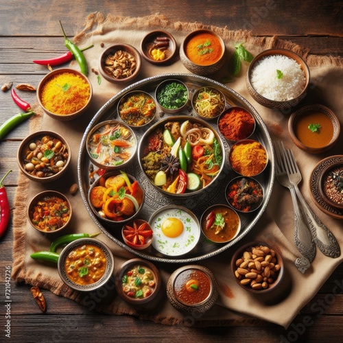 Traditional Indian spicy dishes on the wooden table