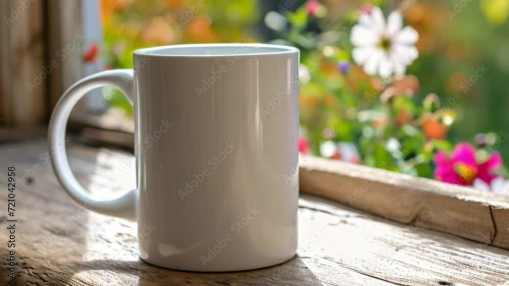 Mock up of a 11oz Mug on a windowsill. Flower garden outside Mock up of a 11oz Mug on a windowsill. Flower garden outside