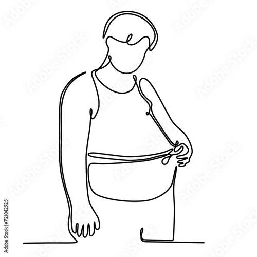 continuous line of weight loss and diet concept, continuous line of happy smiling man in big pants
