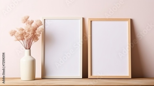 An empty mock-up in a wooden frame for a painting hanging on the wall in pastel colors, a workspace, a home office, vases with dried flowers in boho style on the table, a place for text