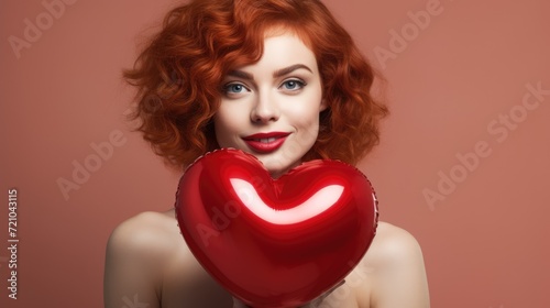 Beautiful happy red-haired woman holds a red heart shaped balloon. Love and valentine's day. Solid background. AI Generated