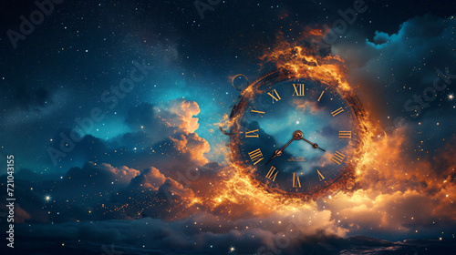 Time is fragile, symbolized by the burning clock. photo