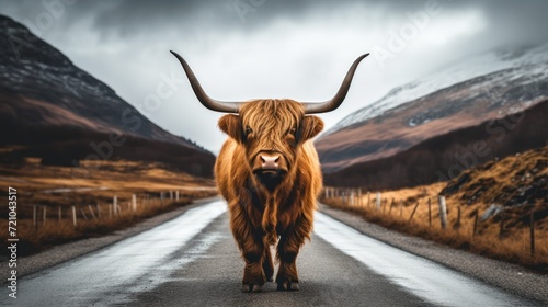 Highland cow crossing the road in Glencoe, Scotland, UK Generative AI photo
