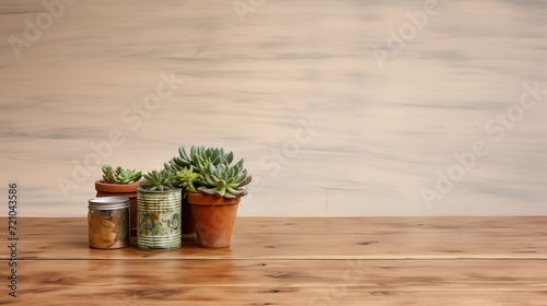 ヴィンテージスタイルの部屋に飾られたテーブルの上の多肉植物 photo