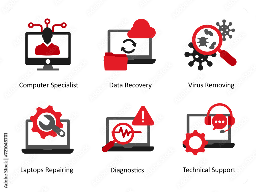 Six technology icons in red and black as computer specialist, data recovery, virus removing