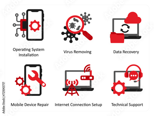 Six technology icons in red and black as operating system installation, virus removing, data recovery