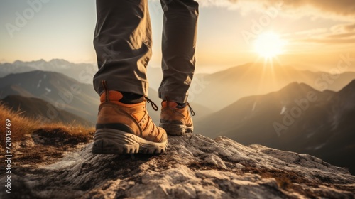Hiking boots on a mountain peak. Sport and active life concept Generative AI