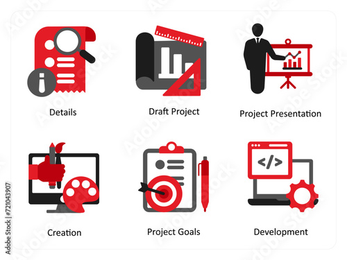 Six business icons in red and black as details, draft project, project presentation