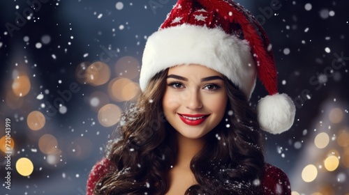 Beautiful young woman in santa hat over christmas background. Generative AI