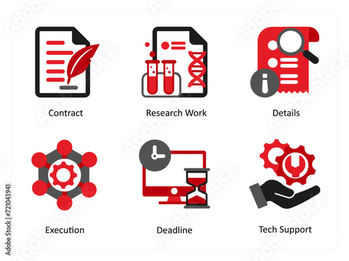 Six business icons in red and black as contract, research work, details