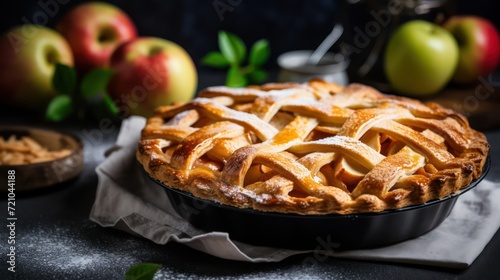 Homemade apple pie with fresh apples on dark background. Selective focus. Generative AI