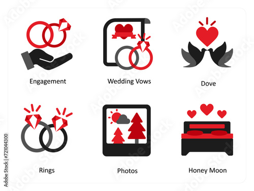 Six party icons in red and black as engagement, wedding vows, dove