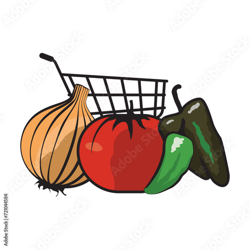 Vegetables and spices kitchen ingredients with shopping cart illustration. Onions, tomatoes, jalapeños and habaneros illustration.