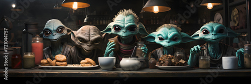 Aliens or Extraterrestrials Enjoying Meal in a Restaurant. Alien Family photo