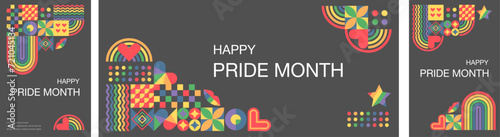 Set of templates with rainbow colors of pride month.June. Geometric templates. LGBT Pride Month. Templates for background, banner, postcard, poster.