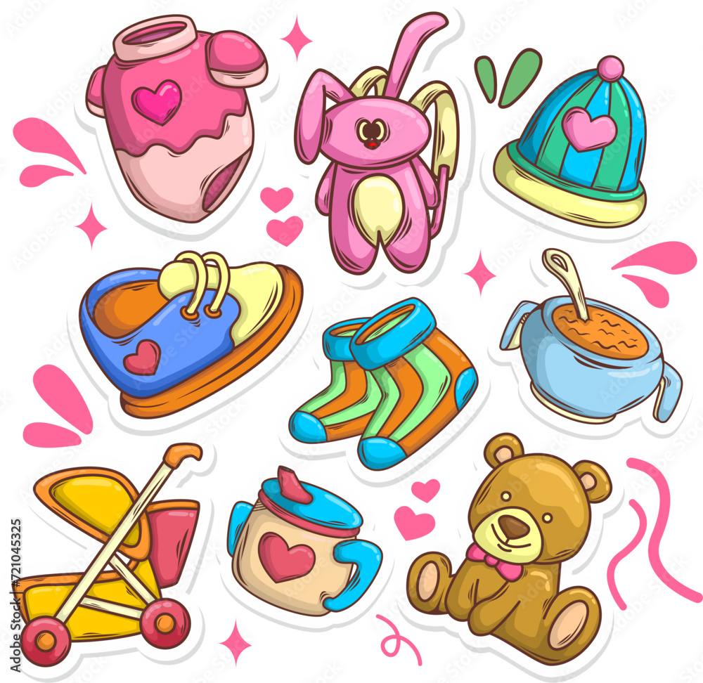 Baby shower and toys collection set. hand draw style