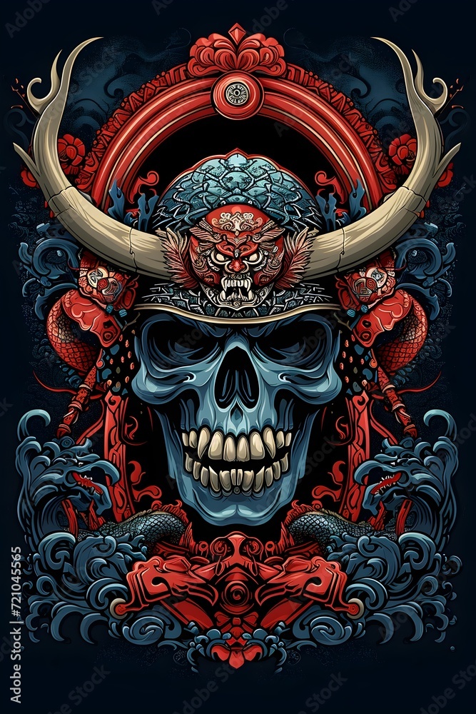 mockup t-shirt design illustrating a cyborg skull in a Japanese-style ornamental fram