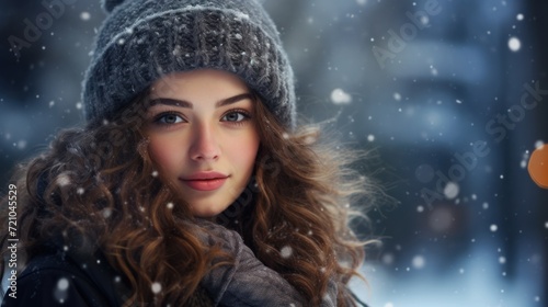 Beautiful young woman in winter clothes on a background of snowfall Generative AI