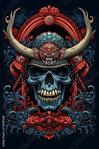 mockup t-shirt design illustrating a cyborg skull in a Japanese-style ornamental fram