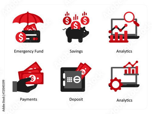 Six finance icons in red and black as emergency fund, savings, analytics