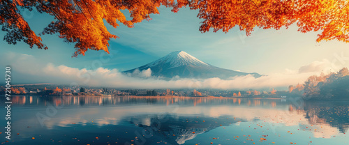an image with a mountain and red autumn trees of japan © Kien