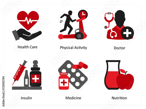 Six medical icons in red and black as health care, physical activity, doctor
