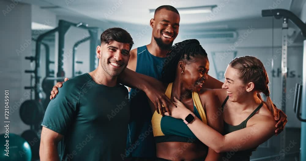 Gym, group hug and friends happy for fitness, physical activity or exercise for sports commitment. Happiness, portrait and team of bodybuilder embrace for community, training or challenge performance