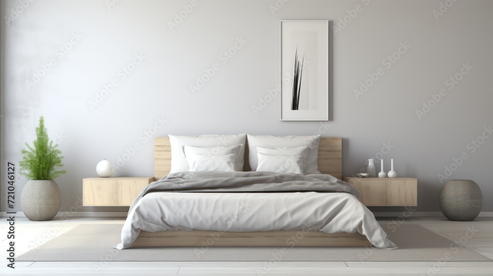 Interior of modern bedroom with white walls, carpet and wooden bed. 3d ...