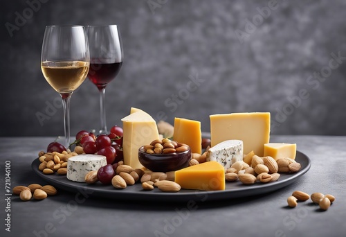 Valentine's Day peanuts plate cashews wine glasses cheese elite background gray two heartshaped Varieties Day
