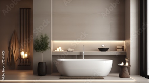 Bathroom interior with white bathtub  mirror and candles. 3d render Generative AI