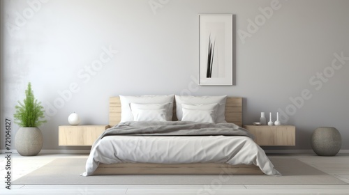 Interior of modern bedroom with white walls  carpet and wooden bed. 3d render Generative AI