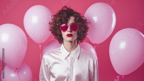 Fashionable young woman with pink balloons on a pink background. Generative AI