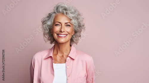 Cheerful senior woman. Smiling mature woman looking at camera and smiling while standing against pink background Generative AI