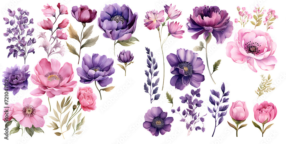 Watercolor dark violet and pink floral clipart for graphic resources