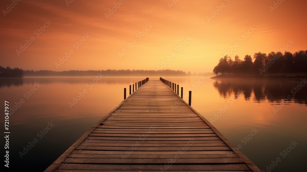 Wooden pier on the lake at sunrise. 3d render. Generative AI