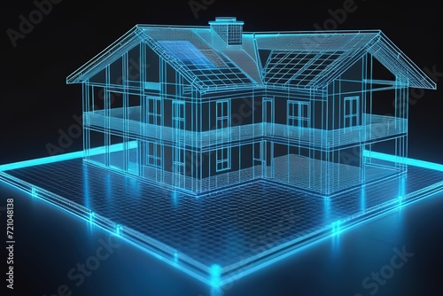 Hologram of a house and design in Real Estate project. Future Concept Simulation and connect Connect to Augmented Reality Metaverse .AI Generated