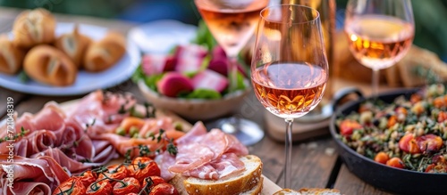 Fotografija Mediterranean snacks and rose wine accompanied by various appetizers