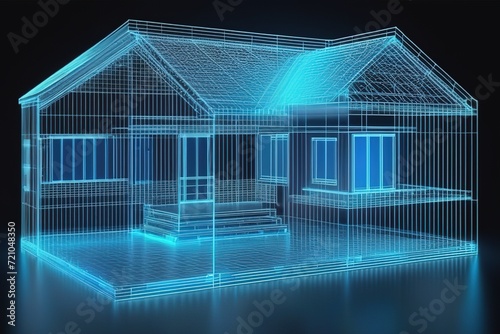 Hologram of a house and design in Real Estate project. Future Concept Simulation and connect Connect to Augmented Reality Metaverse .AI Generated