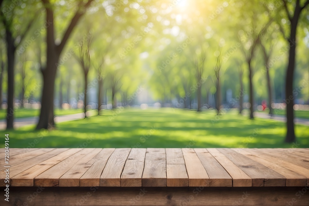 Wooden table in garden park, blurred city park background Wooden table in garden park, blurred city park background