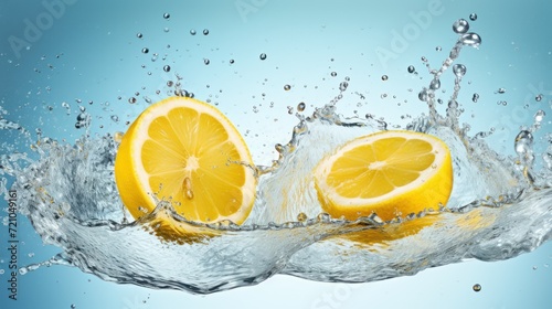 Lemon and water splash on blue background. 3d rendering. Generative AI